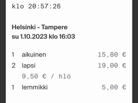 Junalippu HKI-TRE 1 aik, 2 lasta + lemmikki, Matkat, risteilyt ja lentoliput, Matkat ja liput, Ylöjärvi, Tori.fi Junalippu HKI-TRE 1 aik, 2 lasta + lemmikki, Matkat, risteilyt ja lentoliput, Matkat ja liput, Ylöjärvi, Tori.fi