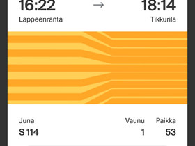 Junalippu 1.10. lpr-hki 16.22 extra-luokka, Matkat, risteilyt ja lentoliput, Matkat ja liput, Lappeenranta, Tori.fi Junalippu 1.10. lpr-hki 16.22 extra-luokka, Matkat, risteilyt ja lentoliput, Matkat ja liput, Lappeenranta, Tori.fi