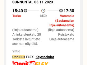 Onnibus Turku-Sastamala 5.11., Matkat, risteilyt ja lentoliput, Matkat ja liput, Sastamala, Tori.fi