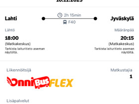 Onnibus lippu 10.11. Lahti-Jkl, Matkat, risteilyt ja lentoliput, Matkat ja liput, Lahti, Tori.fi Onnibus lippu 10.11. Lahti-Jkl, Matkat, risteilyt ja lentoliput, Matkat ja liput, Lahti, Tori.fi