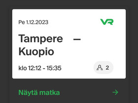 Tampere-Kuopio junalippu, Matkat, risteilyt ja lentoliput, Matkat ja liput, Kuopio, Tori.fi