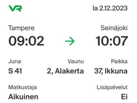 Junalippu 2.12 klo 9.02 Tampere-Seinäjoki, Matkat, risteilyt ja lentoliput, Matkat ja liput, Tampere, Tori.fi Junalippu 2.12 klo 9.02 Tampere-Seinäjoki, Matkat, risteilyt ja lentoliput, Matkat ja liput, Tampere, Tori.fi
