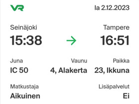 Junalippu Seinäjoki-Tampere 2.12 klo 15.38, Matkat, risteilyt ja lentoliput, Matkat ja liput, Tampere, Tori.fi Junalippu Seinäjoki-Tampere 2.12 klo 15.38, Matkat, risteilyt ja lentoliput, Matkat ja liput, Tampere, Tori.fi