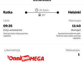 Onnibus-lippu Kotka-Helsinki 5.12., Matkat, risteilyt ja lentoliput, Matkat ja liput, Kotka, Tori.fi Onnibus-lippu Kotka-Helsinki 5.12., Matkat, risteilyt ja lentoliput, Matkat ja liput, Kotka, Tori.fi
