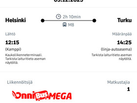 Onnibus-lippu Helsinki-Turku 5.12., Matkat, risteilyt ja lentoliput, Matkat ja liput, Kotka, Tori.fi Onnibus-lippu Helsinki-Turku 5.12., Matkat, risteilyt ja lentoliput, Matkat ja liput, Kotka, Tori.fi