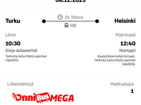 Onnibus-lippu Turku-Helsinki 6.12., Matkat, risteilyt ja lentoliput, Matkat ja liput, Kotka, Tori.fi Onnibus-lippu Turku-Helsinki 6.12., Matkat, risteilyt ja lentoliput, Matkat ja liput, Kotka, Tori.fi