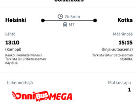 Onnibus-lippu Helsinki-Kotka 6.12., Matkat, risteilyt ja lentoliput, Matkat ja liput, Kotka, Tori.fi Onnibus-lippu Helsinki-Kotka 6.12., Matkat, risteilyt ja lentoliput, Matkat ja liput, Kotka, Tori.fi