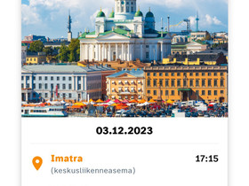 Imatra - Helsinki, 3.12.2023, 17:15, Matkat, risteilyt ja lentoliput, Matkat ja liput, Imatra, Tori.fi Imatra - Helsinki, 3.12.2023, 17:15, Matkat, risteilyt ja lentoliput, Matkat ja liput, Imatra, Tori.fi