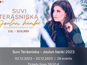 Liput 2.12. Suvi teräsniska joulukonserttiin 2 kpl, Keikat, konsertit ja tapahtumat, Matkat ja liput, Liminka, Tori.fi Liput 2.12. Suvi teräsniska joulukonserttiin 2 kpl, Keikat, konsertit ja tapahtumat, Matkat ja liput, Liminka, Tori.fi