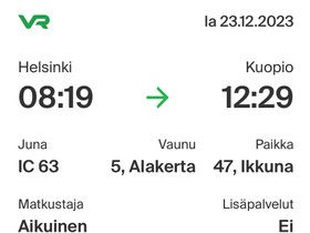 Junalippu Hki-Kuopio 23.12., Matkat, risteilyt ja lentoliput, Matkat ja liput, Helsinki, Tori.fi