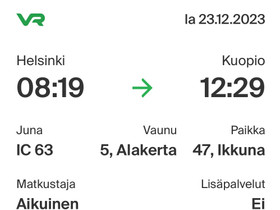Junalippu Hki-Kuopio 23.12., Matkat, risteilyt ja lentoliput, Matkat ja liput, Helsinki, Tori.fi Junalippu Hki-Kuopio 23.12., Matkat, risteilyt ja lentoliput, Matkat ja liput, Helsinki, Tori.fi