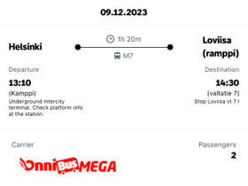 2x Omnibus Helsinki-Loviisa ticket 09.12., Matkat, risteilyt ja lentoliput, Matkat ja liput, Helsinki, Tori.fi