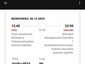 Onnibus lippu ke 6.12. Oulu-Helsinki, Matkat, risteilyt ja lentoliput, Matkat ja liput, Jyväskylä, Tori.fi