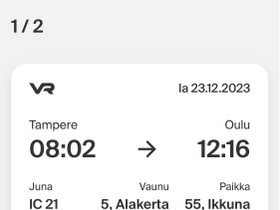 Junalippu, Tampere-Rovaniemi, la 23.12, Matkat, risteilyt ja lentoliput, Matkat ja liput, Tampere, Tori.fi Junalippu, Tampere-Rovaniemi, la 23.12, Matkat, risteilyt ja lentoliput, Matkat ja liput, Tampere, Tori.fi