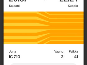 Junalippu Kajaani-Kuopio 12.12. klo 20.37, Matkat, risteilyt ja lentoliput, Matkat ja liput, Kuopio, Tori.fi Junalippu Kajaani-Kuopio 12.12. klo 20.37, Matkat, risteilyt ja lentoliput, Matkat ja liput, Kuopio, Tori.fi