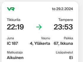 Junaliput 2kpl Tikkurila - Tampere 29.2.2024, Matkat, risteilyt ja lentoliput, Matkat ja liput, Tampere, Tori.fi