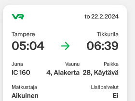 Junaliput 2kpl Tampere - Tikkurila 22.2.2024, Matkat, risteilyt ja lentoliput, Matkat ja liput, Tampere, Tori.fi