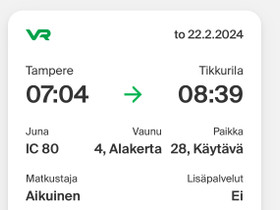 Junaliput 2kpl Tampere-Tikkurila 22.2.2024, Matkat, risteilyt ja lentoliput, Matkat ja liput, Tampere, Tori.fi