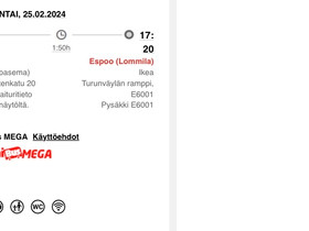 Onnibus-lippu Turku-Espoo 25.2, Matkat, risteilyt ja lentoliput, Matkat ja liput, Espoo, Tori.fi