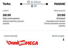 OnniBus lippu 25.2. TKU-HKI, Matkat, risteilyt ja lentoliput, Matkat ja liput, Helsinki, Tori.fi