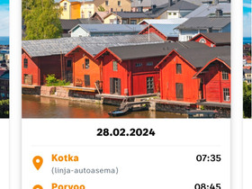 Onnibus 28.2 Kotka - Porvoo opiskelijalippu, Matkat, risteilyt ja lentoliput, Matkat ja liput, Kotka, Tori.fi