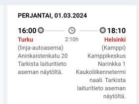OnniBus 2 lippua Turku-Helsinki 1.3., Matkat, risteilyt ja lentoliput, Matkat ja liput, Naantali, Tori.fi