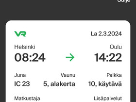Helsinki-Oulu -junalippu, Matkat, risteilyt ja lentoliput, Matkat ja liput, Helsinki, Tori.fi