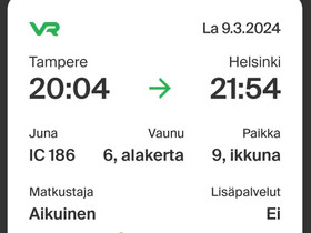 Tampere-Helsinki 9.3., Matkat, risteilyt ja lentoliput, Matkat ja liput, Tampere, Tori.fi