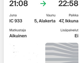 Junalippu  19.3 Turku - Kolari 55 / Pvm muutos OK., Matkat, risteilyt ja lentoliput, Matkat ja liput, Turku, Tori.fi