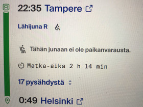 Kaksi junalippua Tampere-Helsinki 12.3., Matkat, risteilyt ja lentoliput, Matkat ja liput, Helsinki, Tori.fi