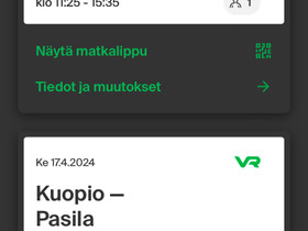 Junaliput Pasila-Kuopio-Pasila 15-17.4.2024, Matkat, risteilyt ja lentoliput, Matkat ja liput, Espoo, Tori.fi