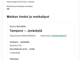 Junalippu ma 18.3 Tampere- Jyvskyl, Matkat, risteilyt ja lentoliput, Matkat ja liput, Jyvskyl, Tori.fi