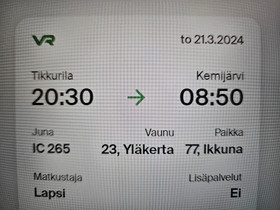 Tikkurila-Kemijrvi to 21.3. IC265 lapsi, Matkat, risteilyt ja lentoliput, Matkat ja liput, Helsinki, Tori.fi