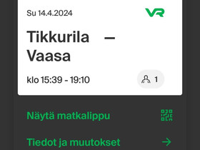 Tikkurila-Vaasa junalippu su 14.4., Matkat, risteilyt ja lentoliput, Matkat ja liput, Vaasa, Tori.fi