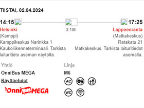 Bussilippu HKI - LPR 02.04.2024, Matkat, risteilyt ja lentoliput, Matkat ja liput, Helsinki, Tori.fi