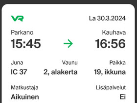30.3.2024 junalippu Parkano-Kauhava, Matkat, risteilyt ja lentoliput, Matkat ja liput, Kauhava, Tori.fi