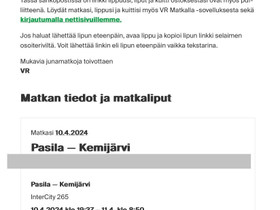 Autojuna yjuna Pasila-Kemijrvi 10.4., Matkat, risteilyt ja lentoliput, Matkat ja liput, Helsinki, Tori.fi
