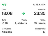 Oulu - Helsinki junalippu 28.3.