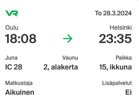 Oulu - Helsinki junalippu 28.3., Matkat, risteilyt ja lentoliput, Matkat ja liput, Kempele, Tori.fi