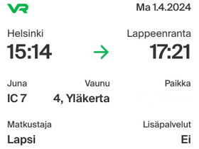 Lapsen junalippu ma 1.4 HKI-LPR IC7, Matkat, risteilyt ja lentoliput, Matkat ja liput, Lappeenranta, Tori.fi