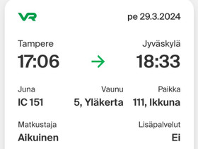 Junalippu Tampere Jyvskyl 29.3.2024, Matkat, risteilyt ja lentoliput, Matkat ja liput, Tampere, Tori.fi
