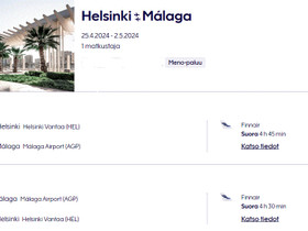 Finnairin m/p lennot Helsinki-Malaga-Helsinki 25.4-2.5.2024 sis matkatavarat, Matkat, risteilyt ja lentoliput, Matkat ja liput, Espoo, Tori.fi