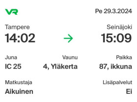 2kpl junalippua Tampere - Seinjoki 29.3., Matkat, risteilyt ja lentoliput, Matkat ja liput, Tampere, Tori.fi