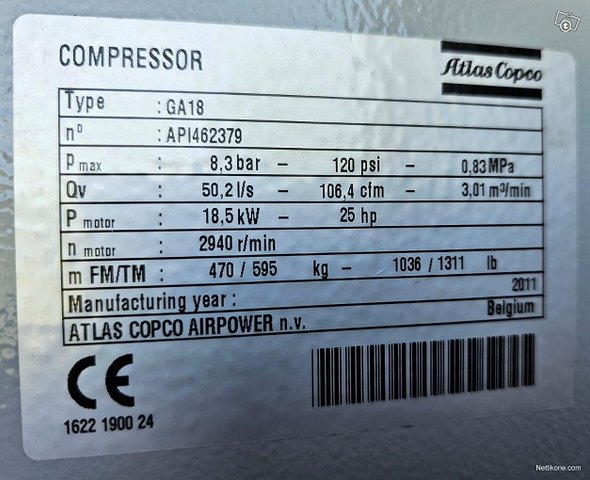 Atlas Copco GA18FF Ruuvikompressori 8
