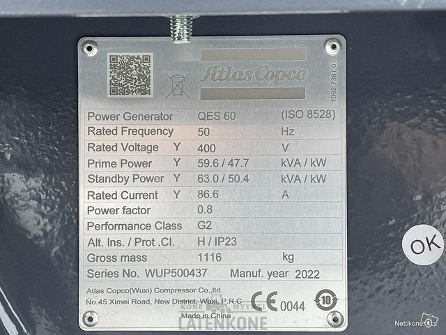Atlas Copco QES 60 CUD 50 Hz Generaattori 9