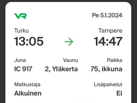 Junaliput Turku-Tampere-Turku, Matkat, risteilyt ja lentoliput, Matkat ja liput, Tampere, Tori.fi