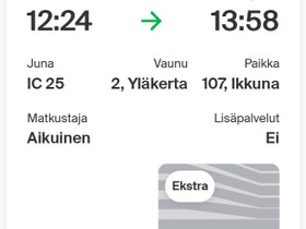 Junalippu Ekstra-luokka IC 25 Helsinki-Tampere 15.2.2024 klo 12:24, Matkat, risteilyt ja lentoliput, Matkat ja liput, Tampere, Tori.fi