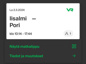 VR Junalippu Iisalmi - Pori La 2.3 klo 10.13, Matkat, risteilyt ja lentoliput, Matkat ja liput, Sotkamo, Tori.fi