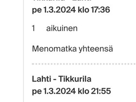 Junalippu Tikkurila-Lahti -Tikkurila 1.3, Matkat, risteilyt ja lentoliput, Matkat ja liput, Helsinki, Tori.fi
