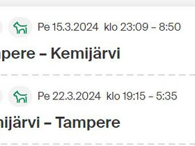 Junaliput - lemmikkihytti kahdelle Tampere-Kemijärvi-Tampere 15.3-22.3, Matkat, risteilyt ja lentoliput, Matkat ja liput, Pirkkala, Tori.fi